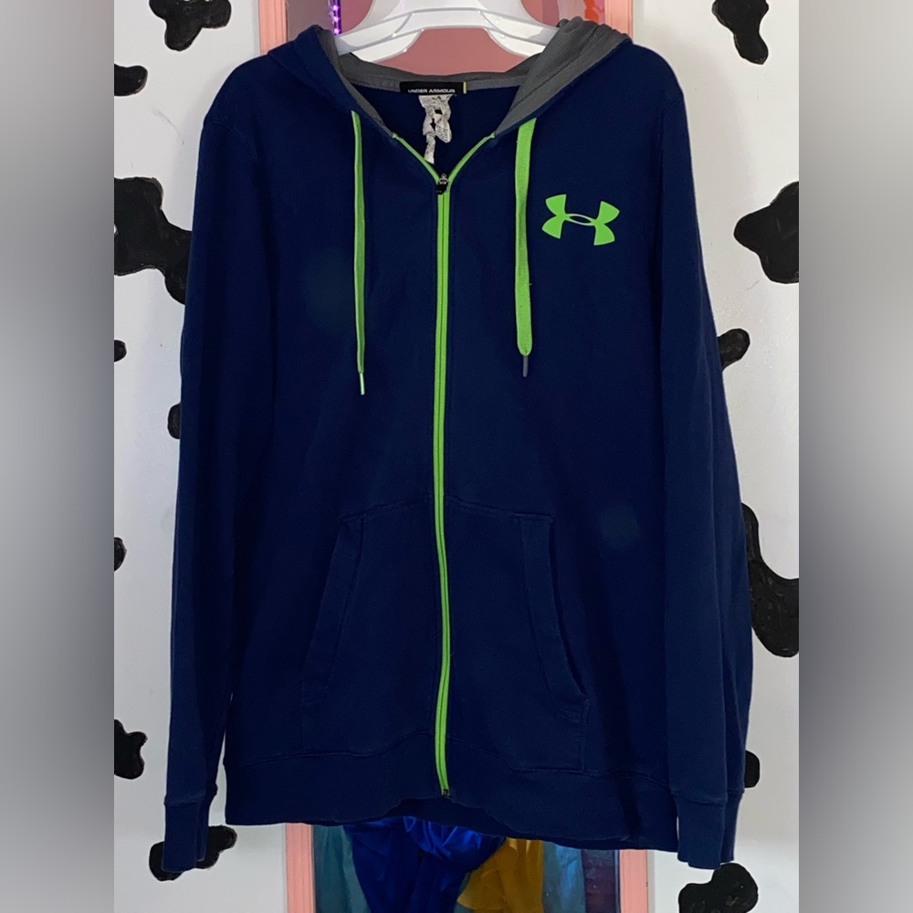XL navy blue and lime green under armour zip up jacket